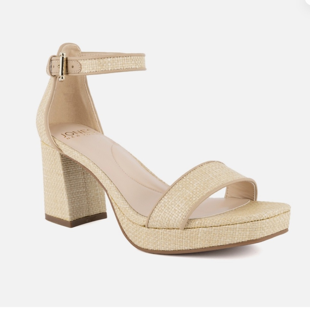 Jones New York Tan Woven Ankle-Strap Block Heels